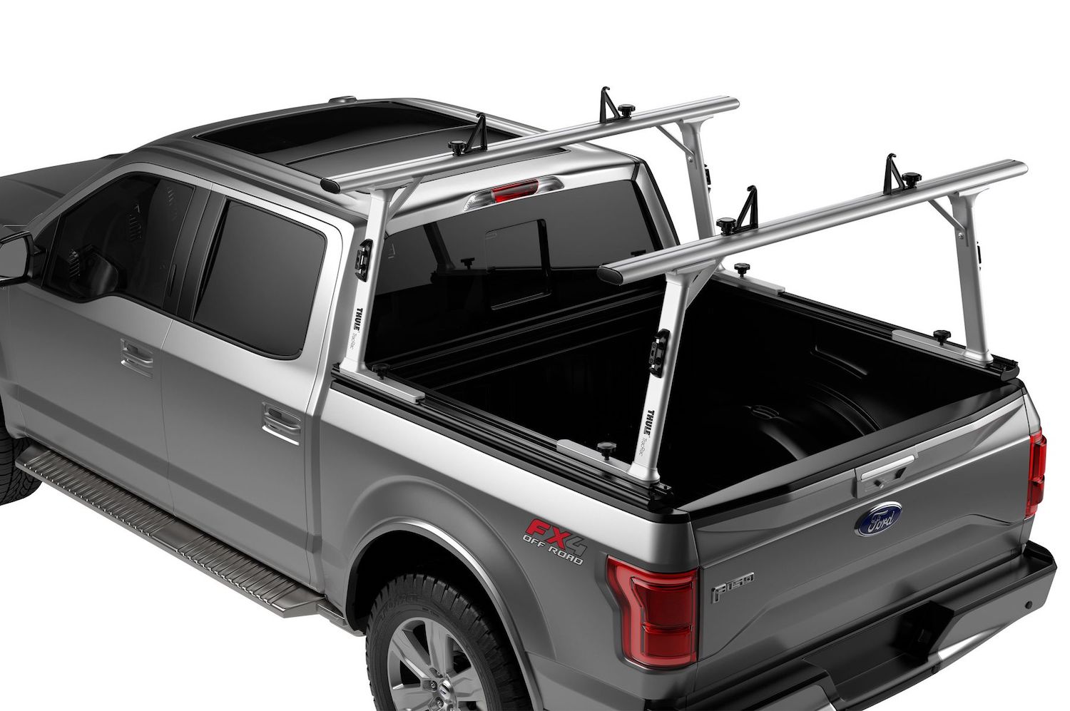 Promo photo of an aluminum ladder rack on a gray Ford F-150 pickup truck.