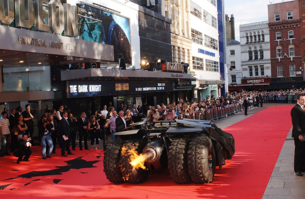 The Tumbler firing its propane jet afterburners at the Dark Knight premiere