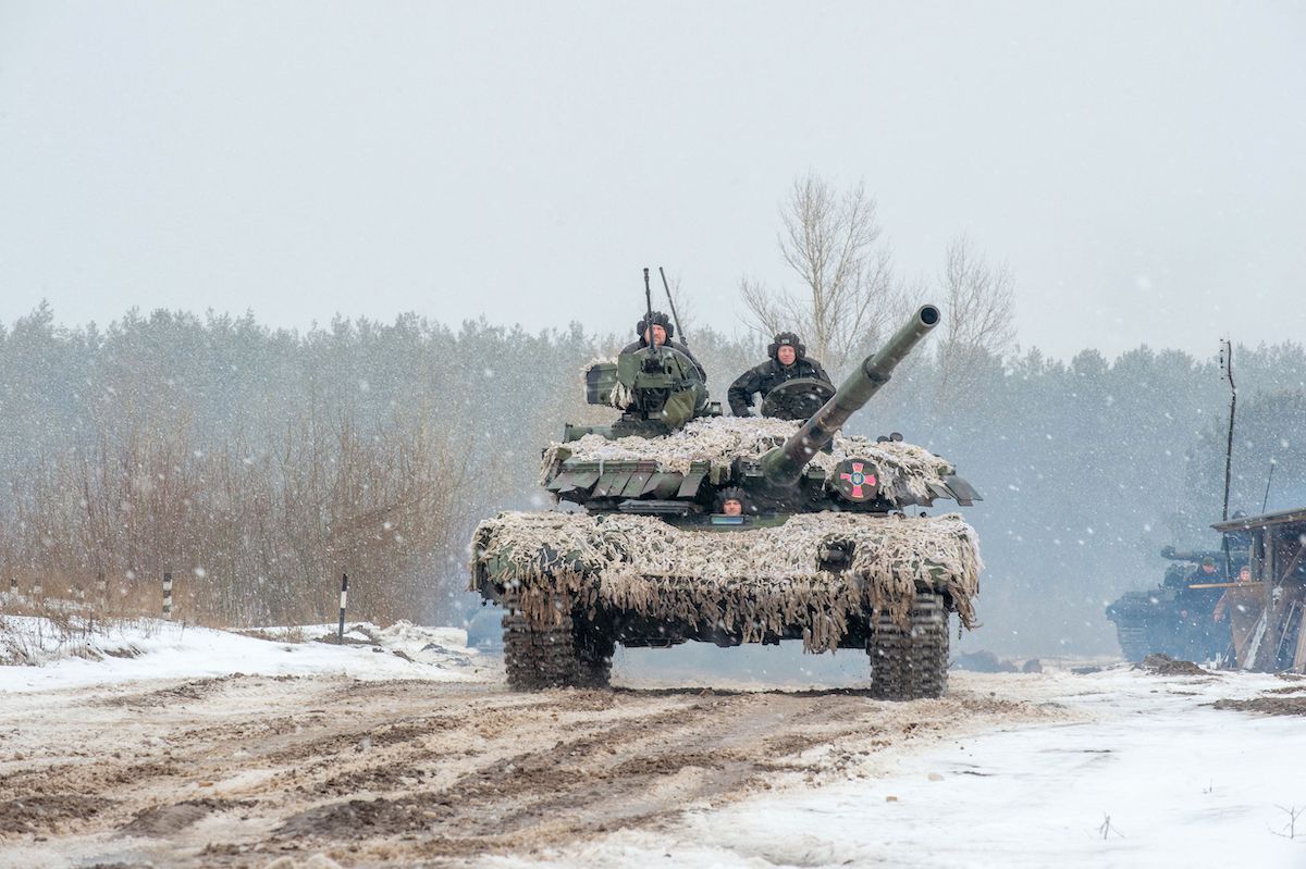 Ukraine military servicemen in a tank on February 10, 2022