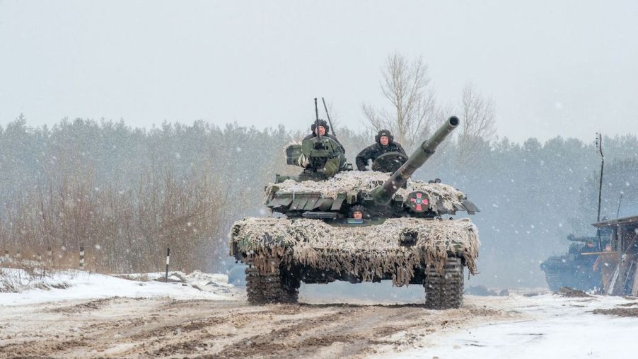 Ukraine military servicemen in a tank on February 10, 2022