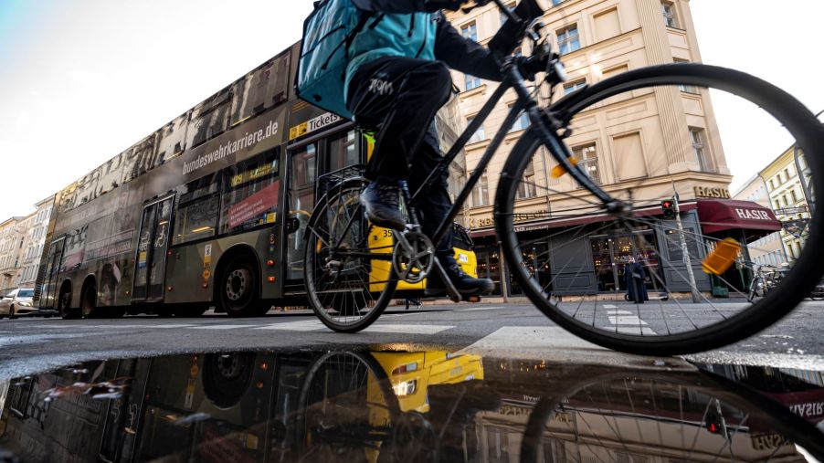 A cyclist in Berlin, Germany, as the city plans for the creation of a car-free Oranienstraße in the city