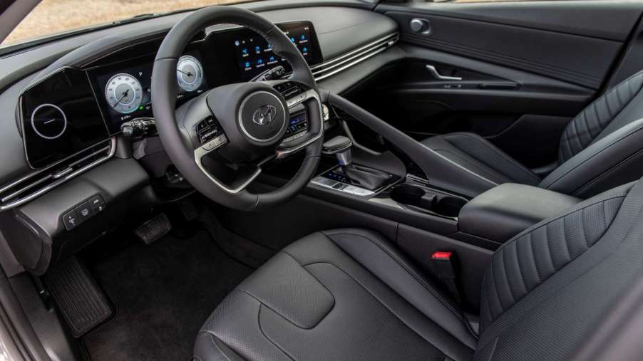 Black interior of the 2022 Hyundai Elantra Hybrid, a great rideshare car