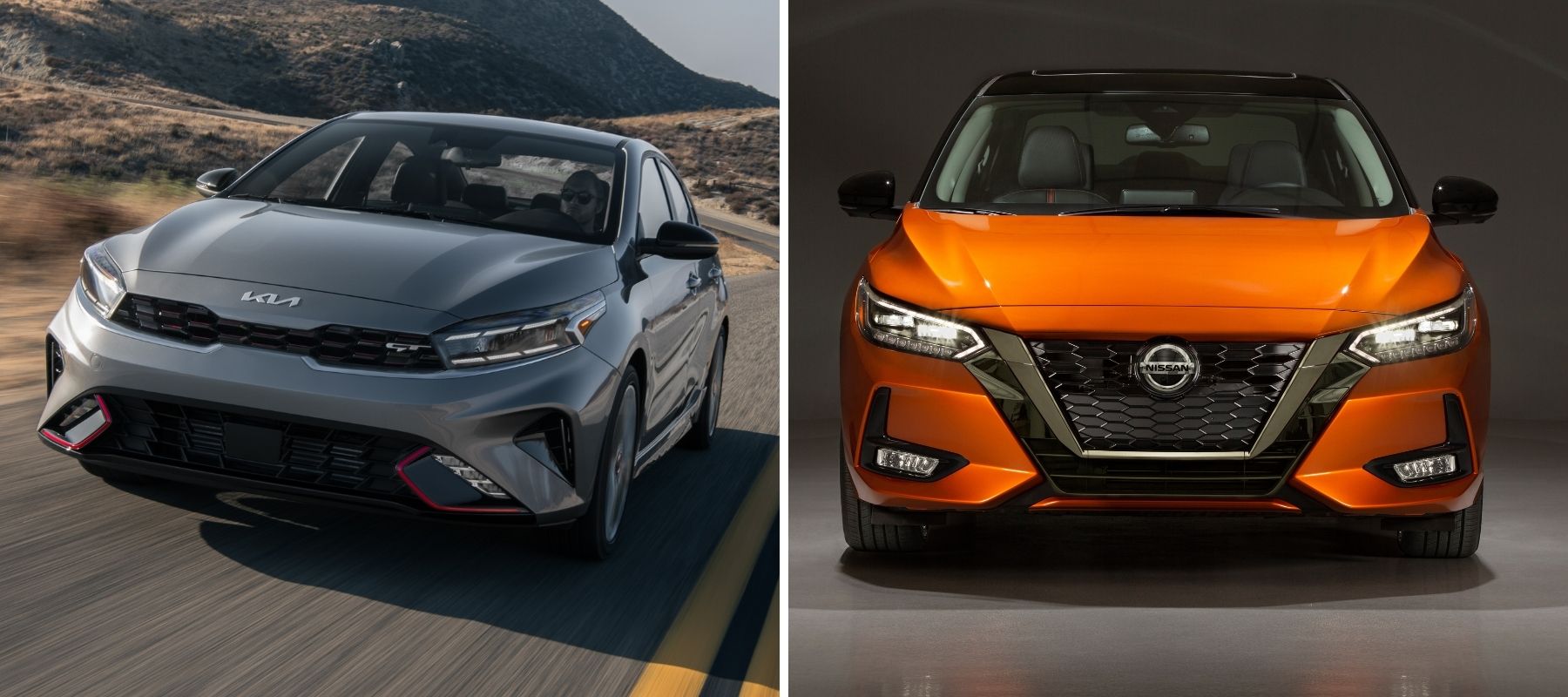 The 2022 Kia Forte in gray and the 2022 Nissan Sentra in orange compact sedan models