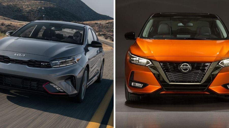 The 2022 Kia Forte in gray and the 2022 Nissan Sentra in orange compact sedan models