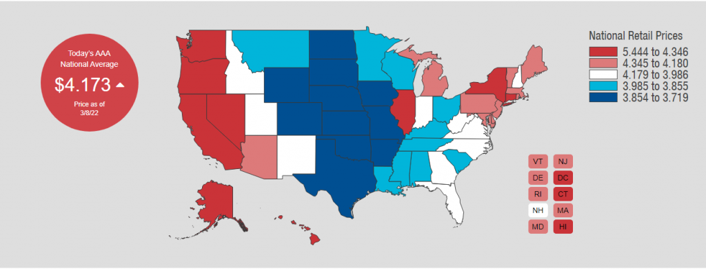 AAA's map of the national average of gas prices recently, which are going to get even worse.