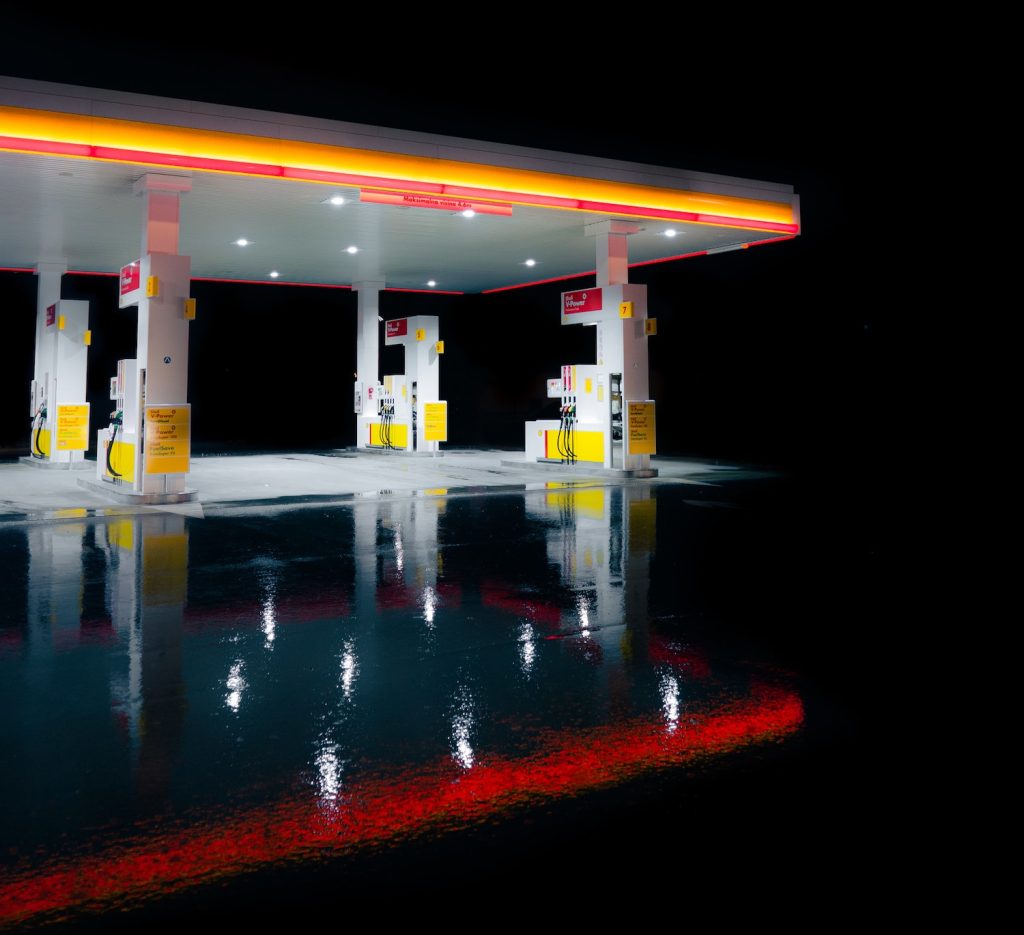 Gas station on a rainy night.