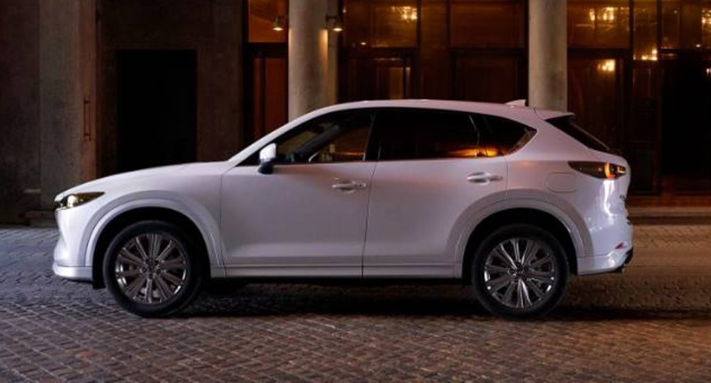 A white 2022 Mazda CX-5 small SUV is parked. 
