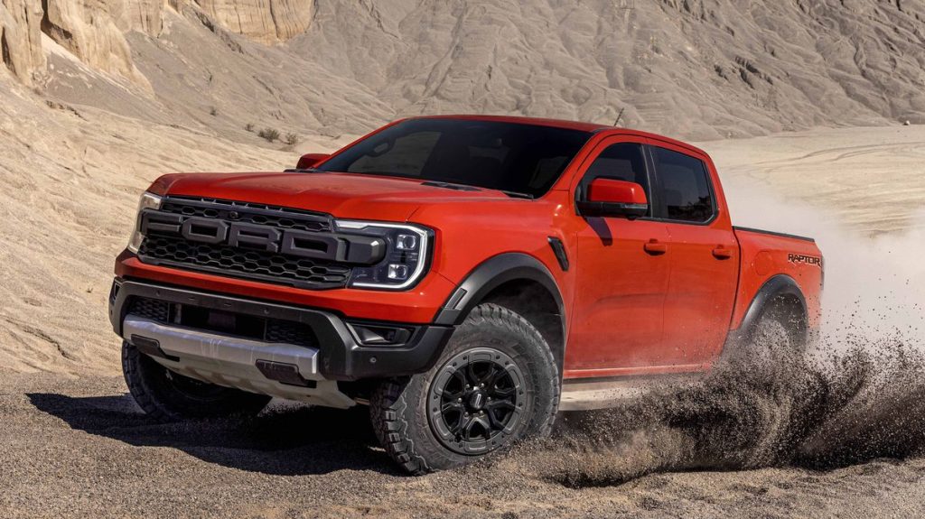 The 2023 Ford Ranger Raptor on a dirt road 
