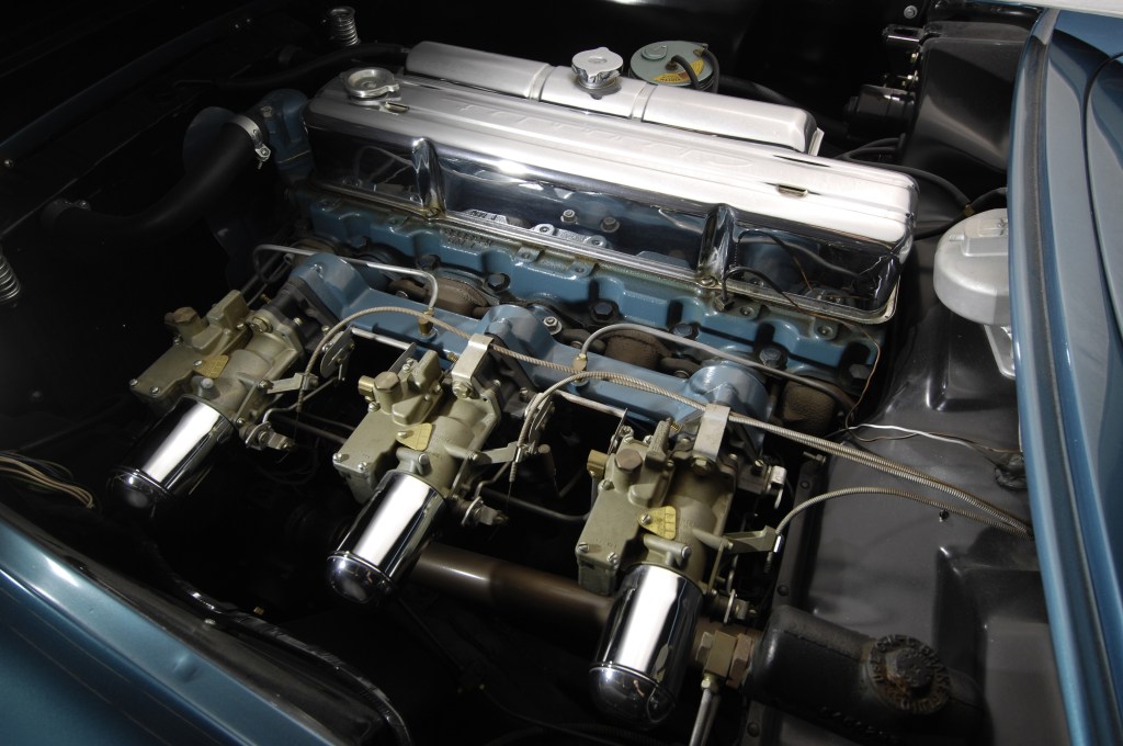 A 1954 Chevrolet Corvette's blue-painted Blue Flame Six inline-six engine