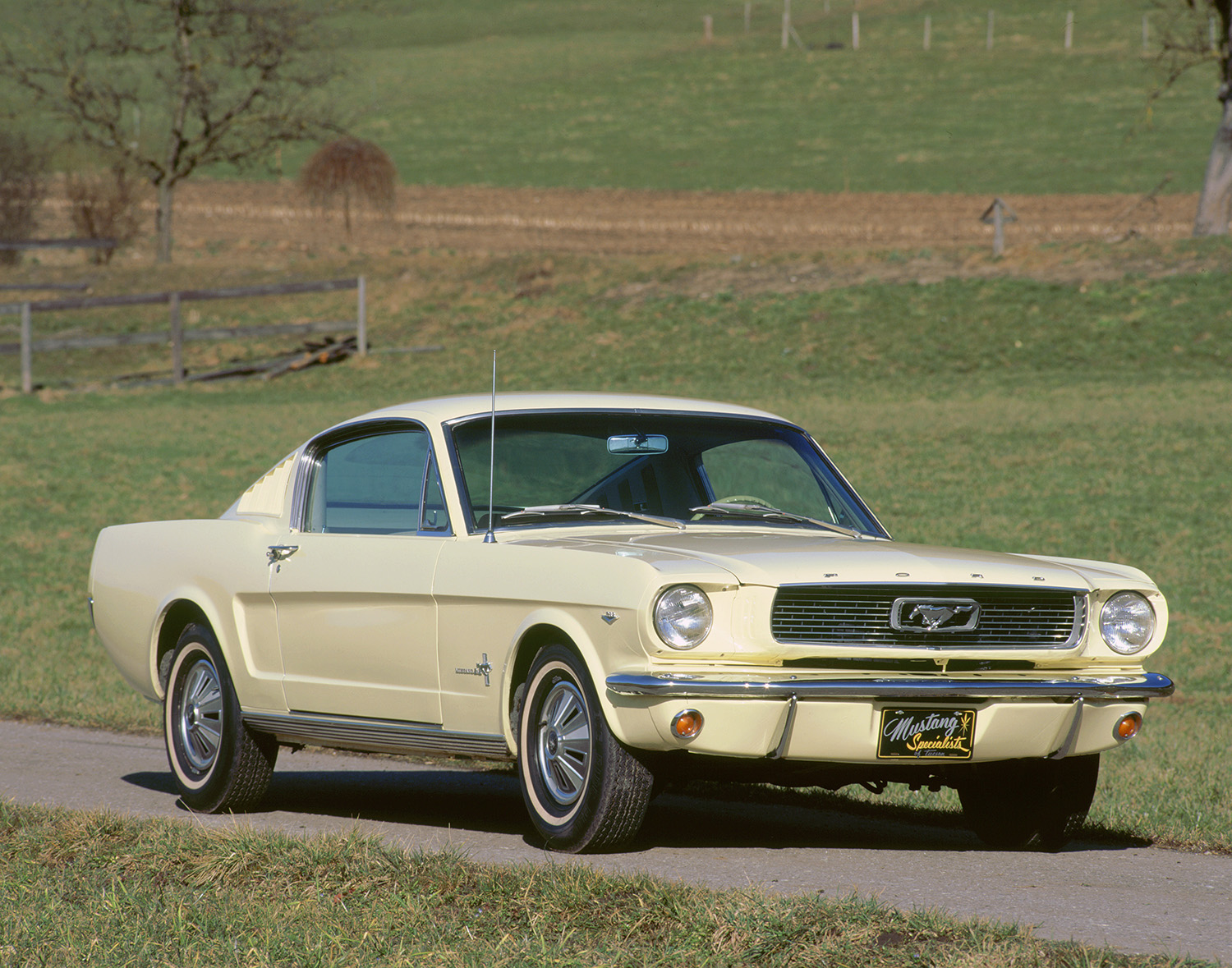 Wimbledon White 1966 Ford Mustang coupe front end driving down country road