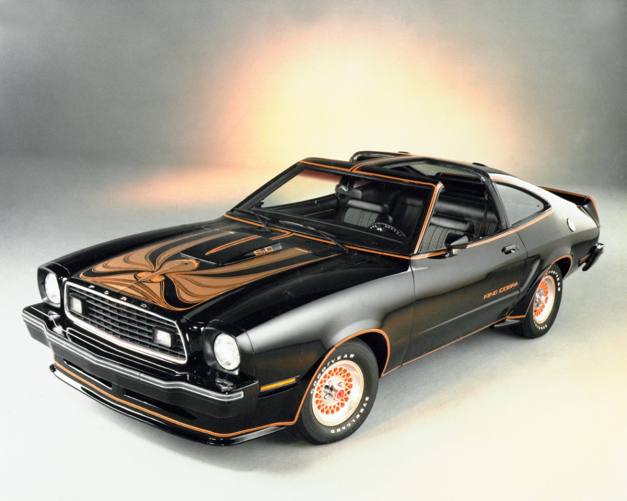 1978 Ford Mustang II King Cobra in black and orange