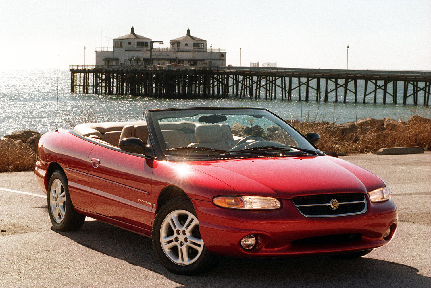 Red 1997 Chrysler Sebring Convertible front end photograph at Malibu Pier