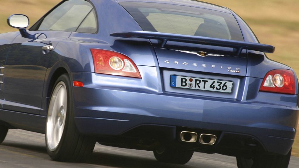 the rear end of a blue 2005 Chrysler Crossfire SRT-6