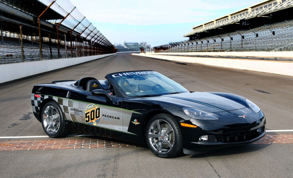 A black-and-silver-liveried 2008 Chevrolet Corvette Convertible Indy 500 Pace Car at the Indianapolis Motor Speedway