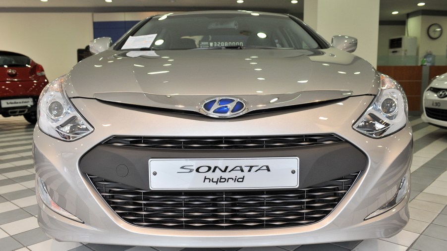 Hyundai onata hybrid car at its branch in Seoul front-end shot