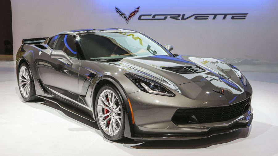 A gray 2015 Chevrolet C7 Corvette Z06 on stage at the Canadian International Auto Show