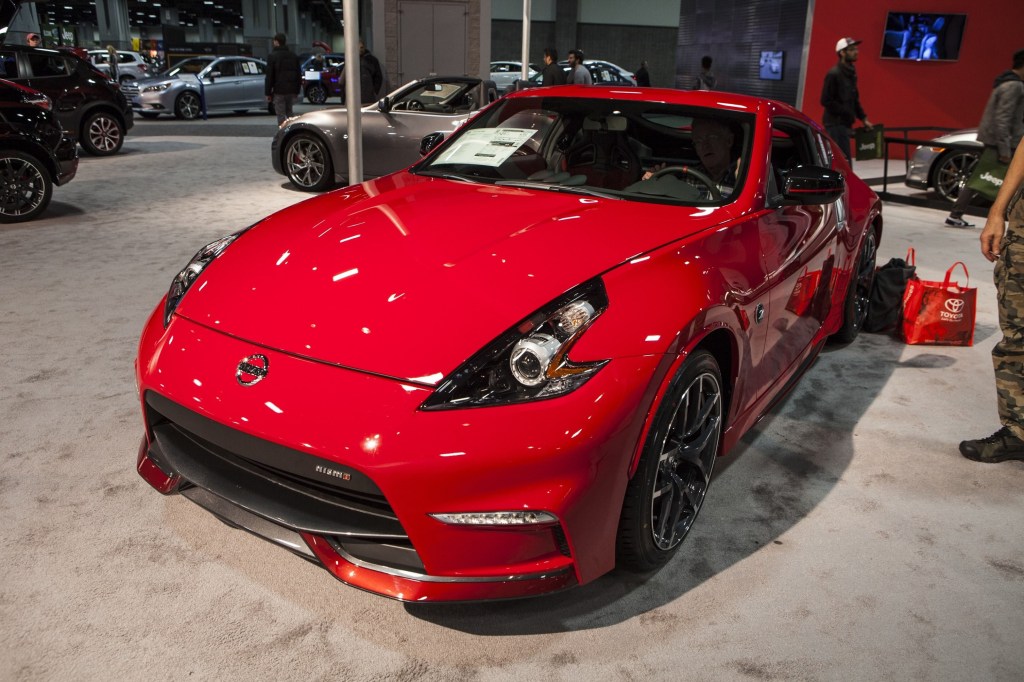 A red 2015 Nissan 370Z Nismo at the 2015 Washington Auto Show