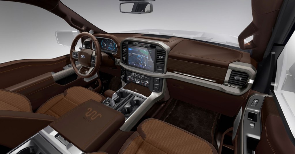 The leather interior of a top-trim Ford F-150 pickup truck.