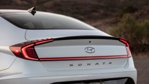 Close-up of the closed trunk of a white 2021 Hyundai Sonata midsize sedan