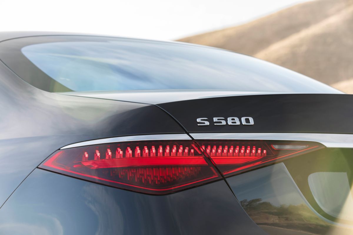 Close-up of the trunk of a 2021 Mercedes S580, a luxury car with the most trunk space