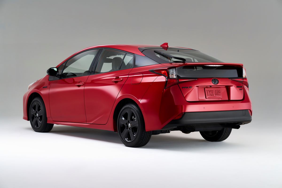 Red 2021 Toyota Prius, a hatchback with the most usable cargo space