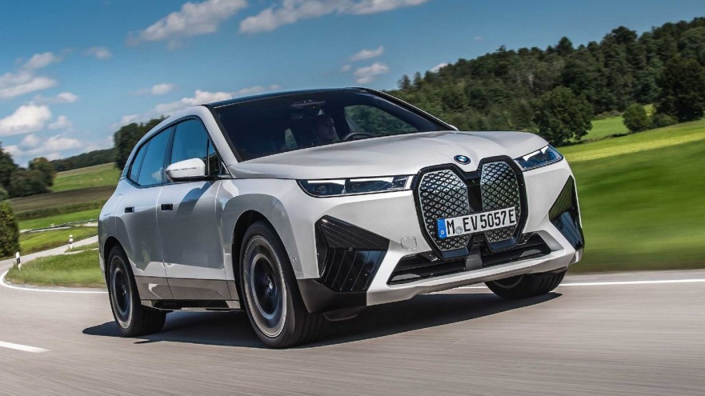 White 2022 BMW iX electric luxury SUV out on the road