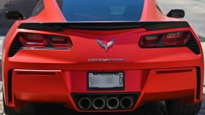 2022 Chevy Corvette luxury sports car rear end view of trunk taillights, and exhaust seen in Campeche, Mexico