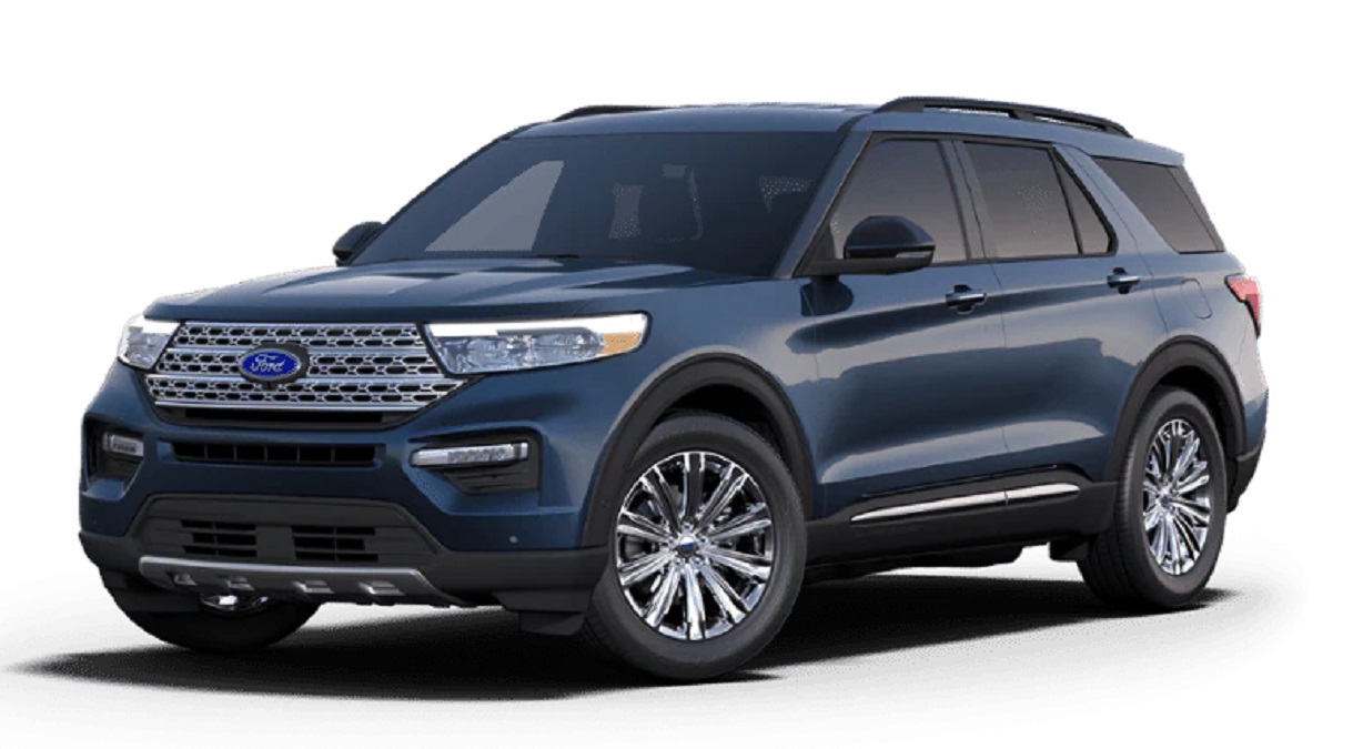 A navy blue 2022 Ford Explorer against a white backdrop.