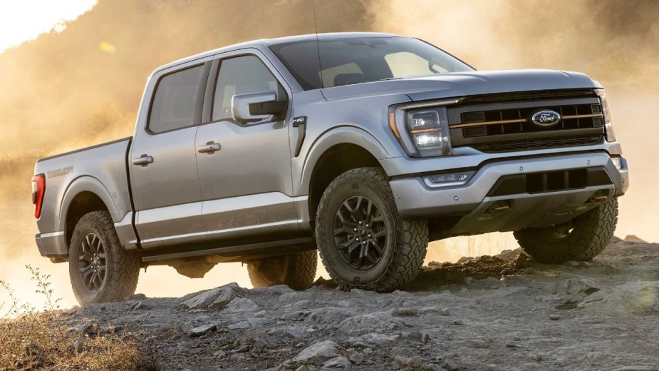 Gray 2022 Ford F-150 Tremor on a hill of rocks