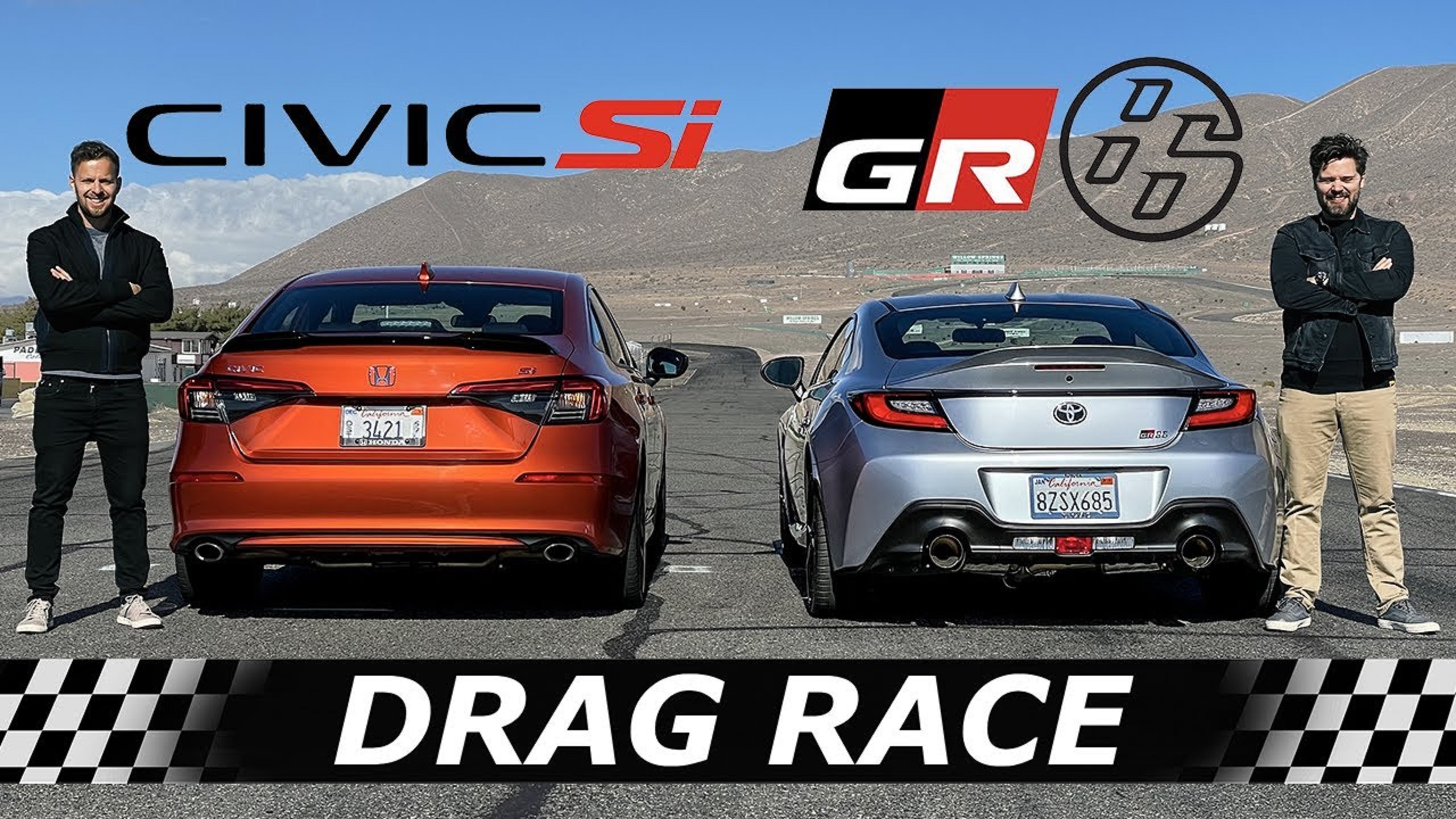 An orange 2022 Honda Civic Si next to a silver 2022 Toyota GR86 on a desert racetrack with the Throttle House hosts