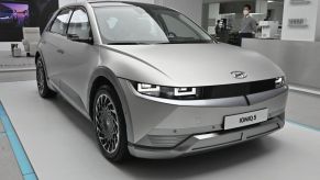 A silver 2022 Hyundai Ioniq 5 parked indoors.