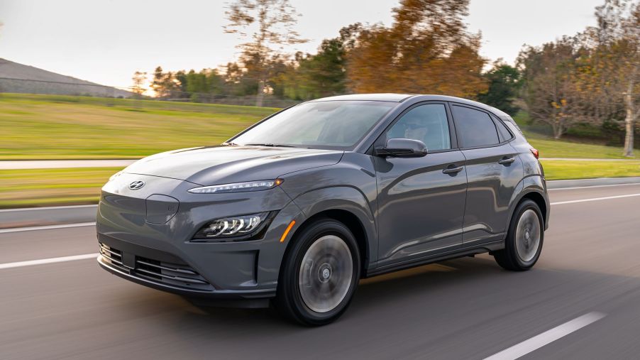 The 2022 Hyundai Kona Electric compact SUV in gray