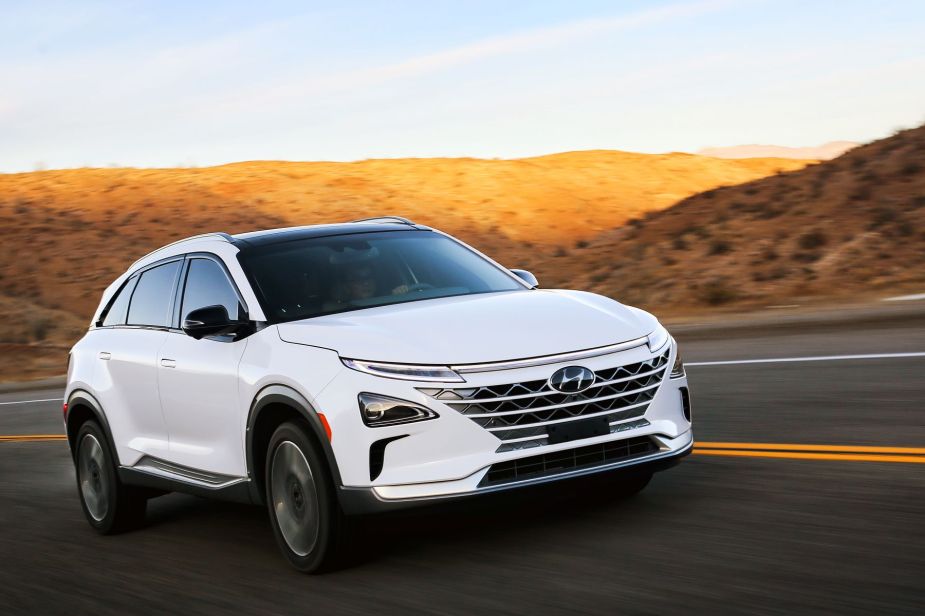 The 2022 Hyundai Nexo hydrogen fuel cell SUV with a white paint color option