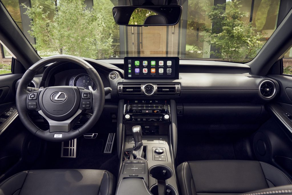 The black front sports seats and dashboard of a 2022 Lexus IS 350 F Sport