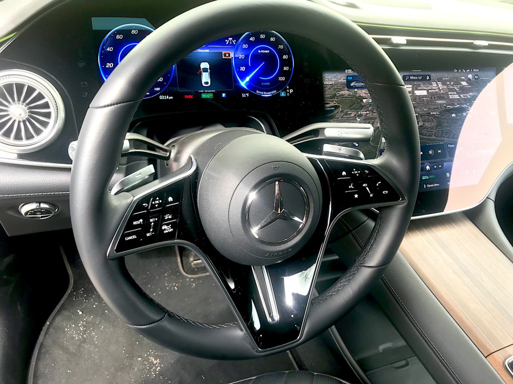 2022 MB EQS 450 steering wheel and driver's side view