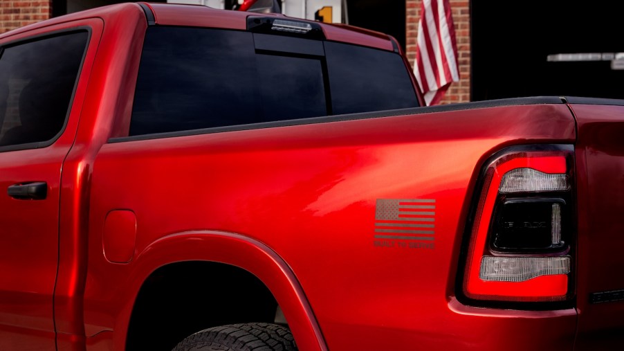 Detail shot of a red Ram 1500 pickup truck.