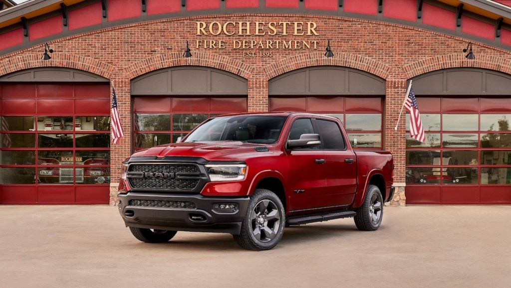 Promo shot of a red Ram 1500 pickup truck with a mild hybrid powertrain.
