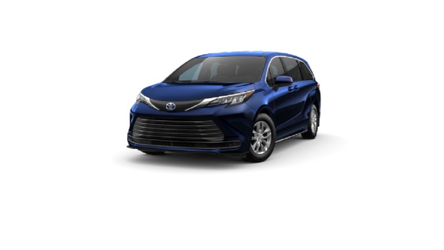 A blue 2022 Toyota Sienna LE against a white background.