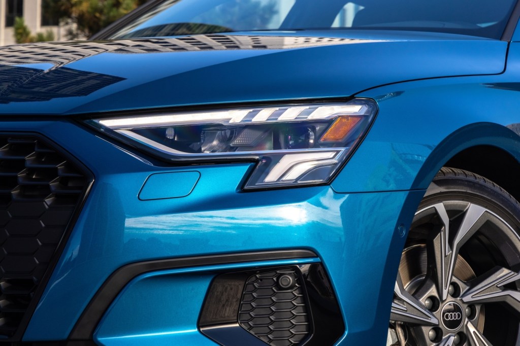 Close-up front angle shot of the Atoll Blue 2022 Audi A3