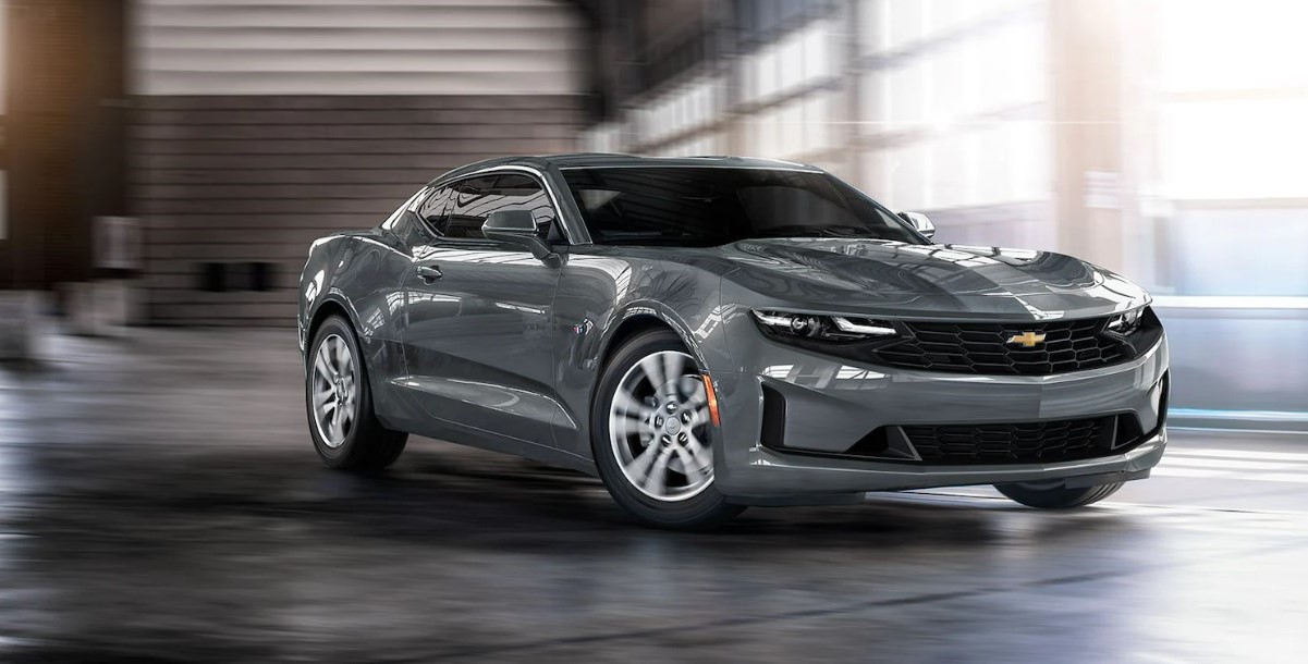 Side view of a gray 2022 Chevy Camaro, one of the best rental cars