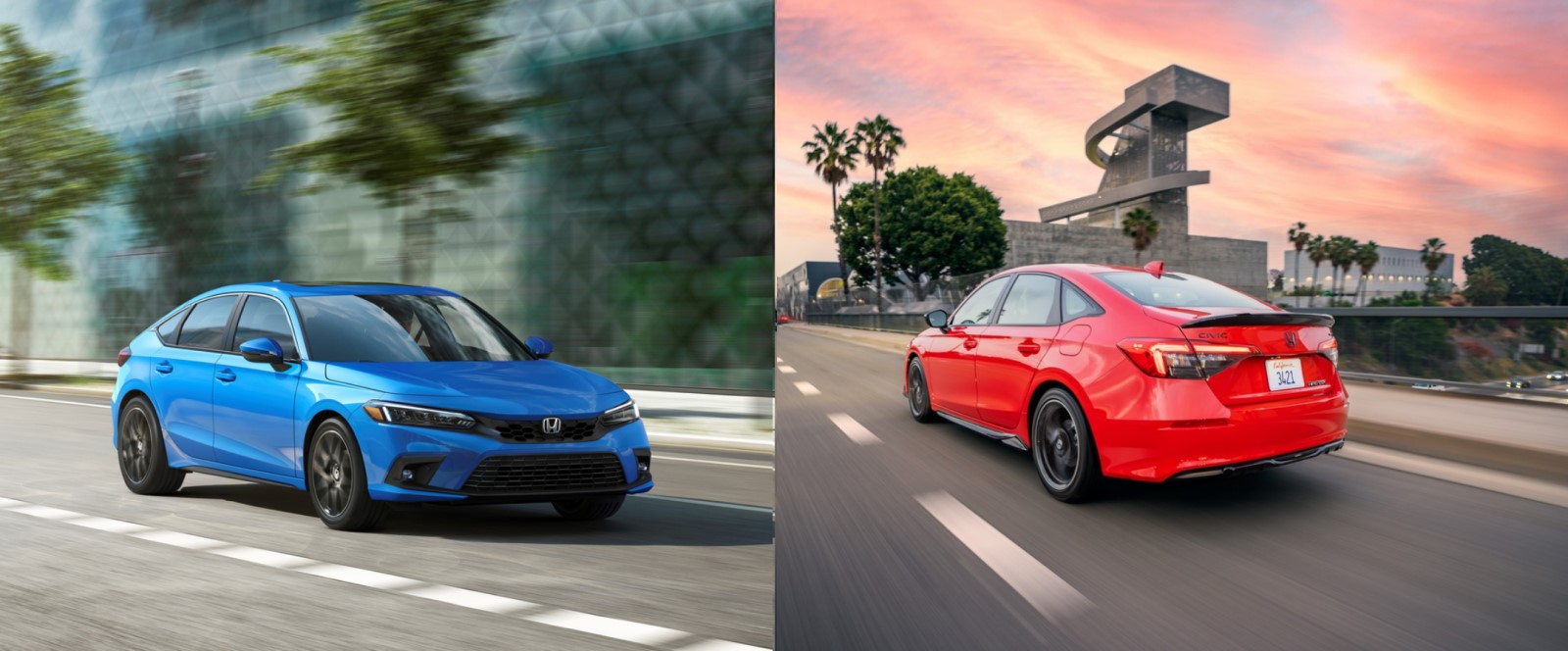 Side-by-side look at the 2022 Honda Civic Sport Touring hatchback in blue, and the 2022 Honda Civic Sport sedan in red