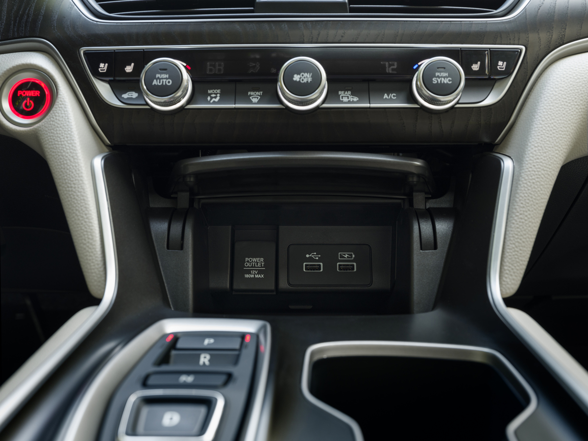 Interior close up shot of the 2022 Honda Accord rental car's center console