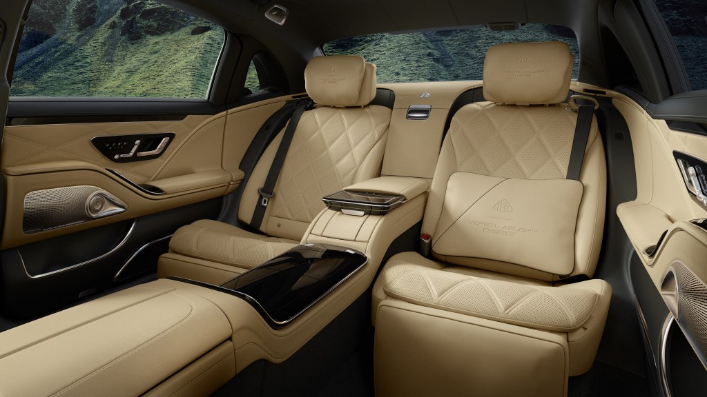 The gold Nappa leather rear seats of a 2023 Mercedes-Maybach S 680 by Virgil Abloh