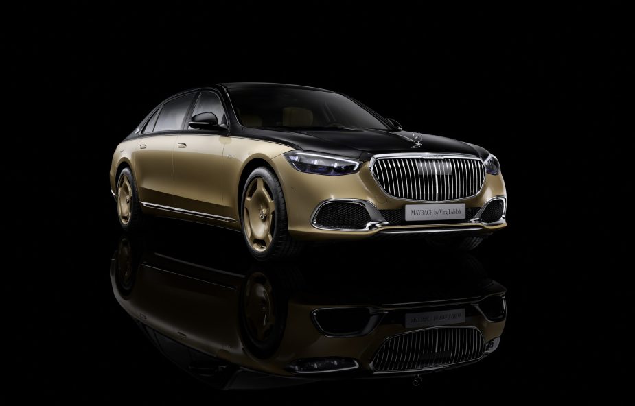 The black-and-gold 2023 Mercedes-Maybach S 680 by Virgil Abloh against a black background