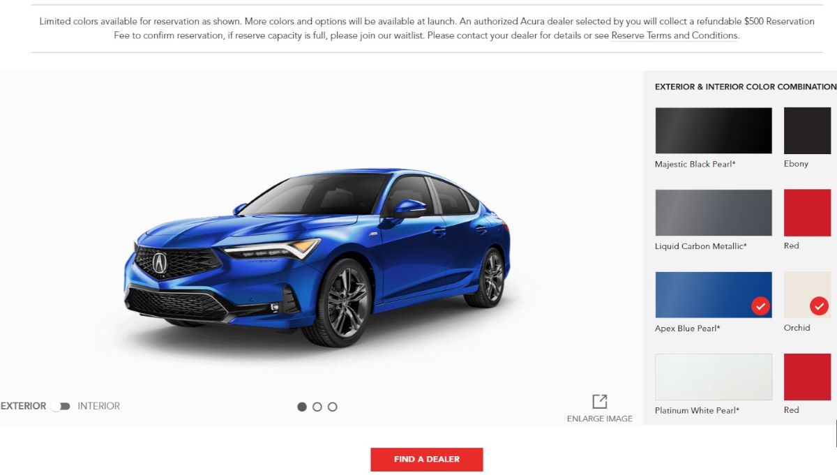 Reservation page for the 2023 Acura Integra, not showing cost.