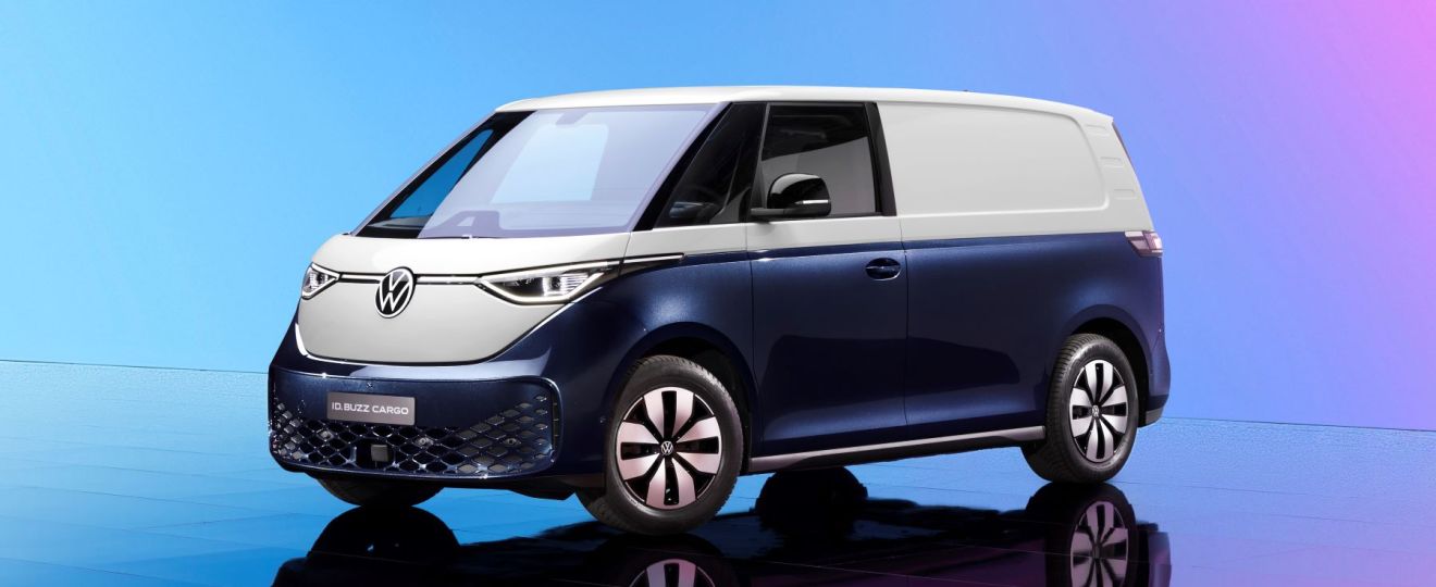 2024 Volkswagen ID. Buzz Cargo all-electric van promotional image with in a blue and white paint color option