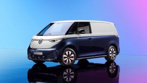 2024 Volkswagen ID. Buzz Cargo all-electric van promotional image with in a blue and white paint color option