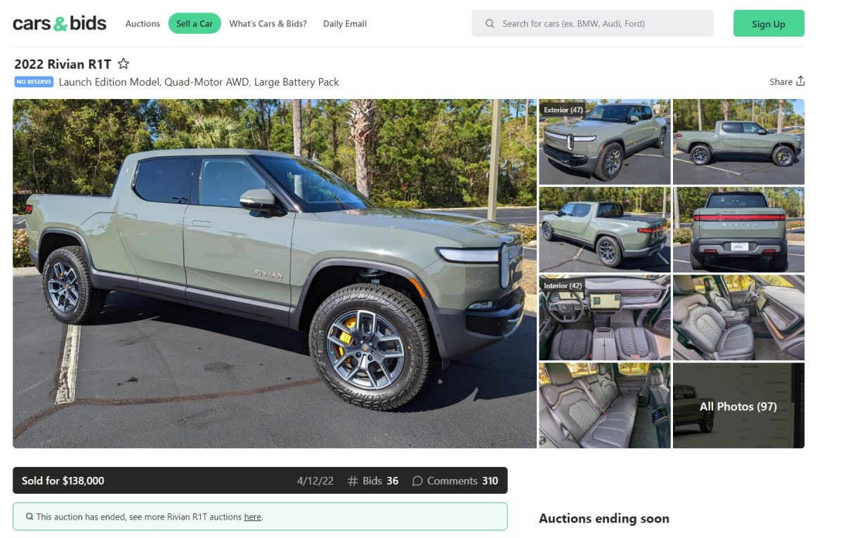 This Rivian R1T sold for $138,000 at the auction site Cars & Bids, which nearly double the MSRP.