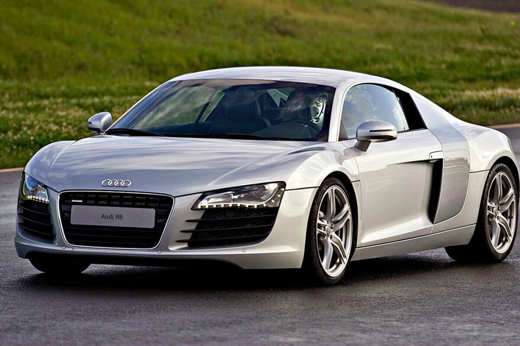 An Audi R8 shows off its sculpted fascia.