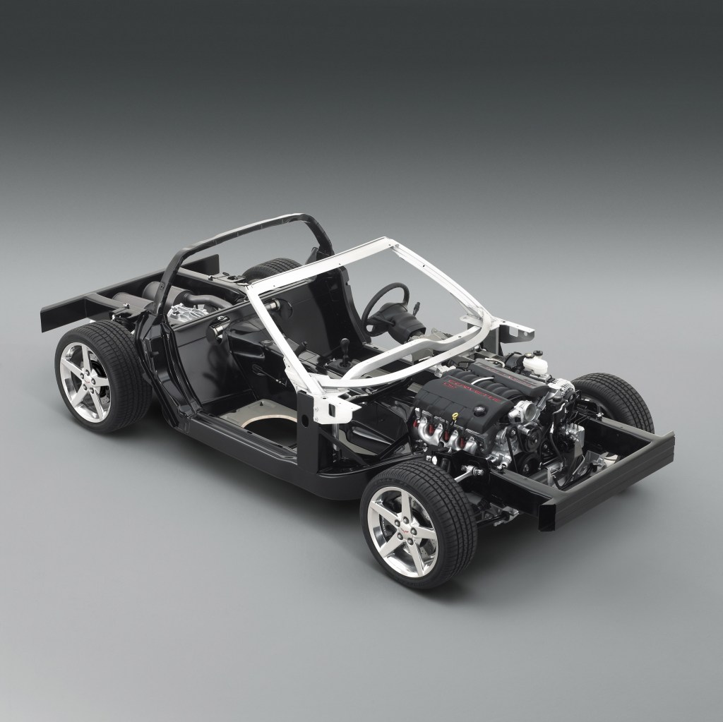 A bare C6 Corvette chassis with an LS2 V8